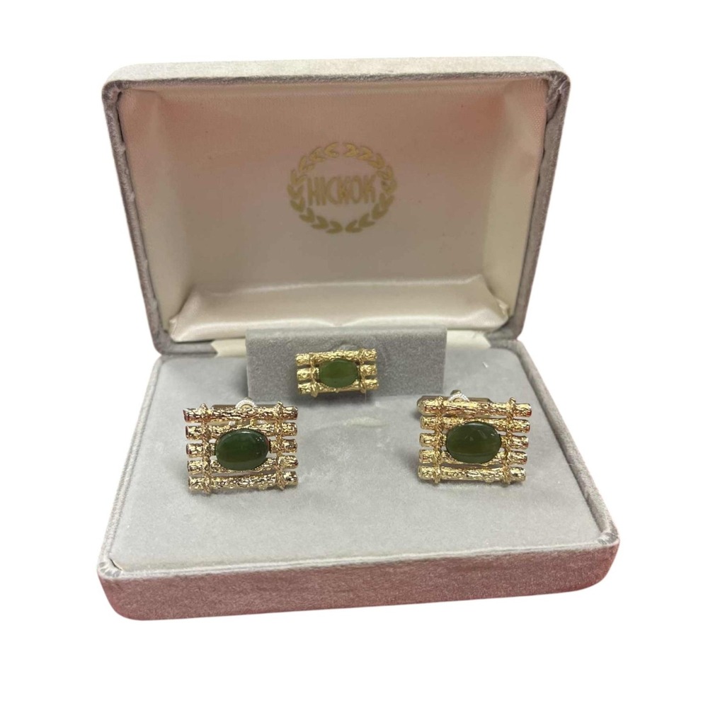 Vtg Hickok Green Jade Gold Tone Mesh Wrap Around Cuff Link Tie Tack Set